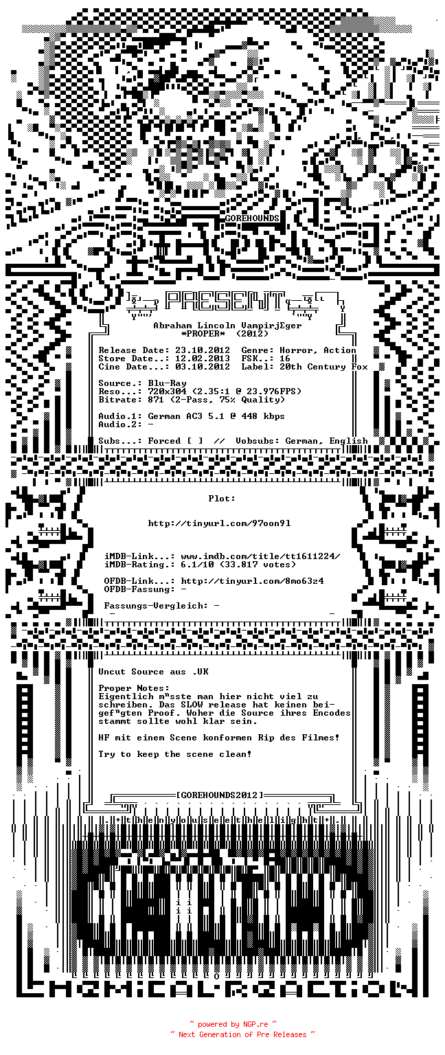 NFO for the release Abraham.Lincoln.Vampirjaeger.GERMAN.2012.AC3.BDRiP.PROPER.XViD-GOREHOUNDS by GOREHOUNDS