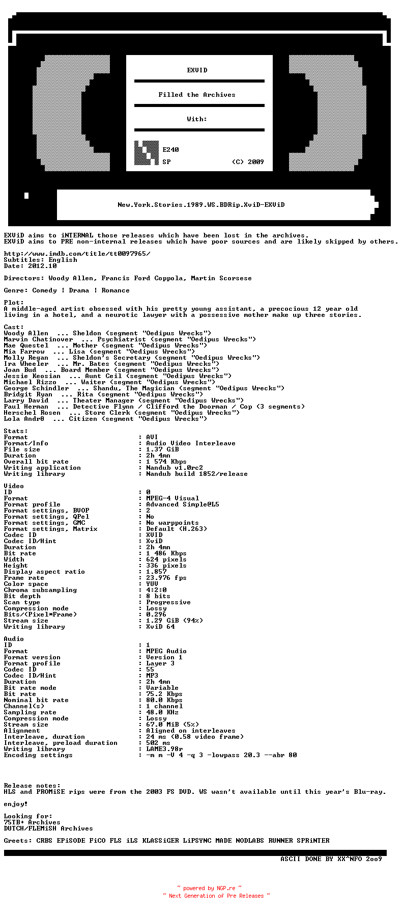 NFO for the release New.York.Stories.1989.WS.BDRip.XviD-EXViD by EXViD