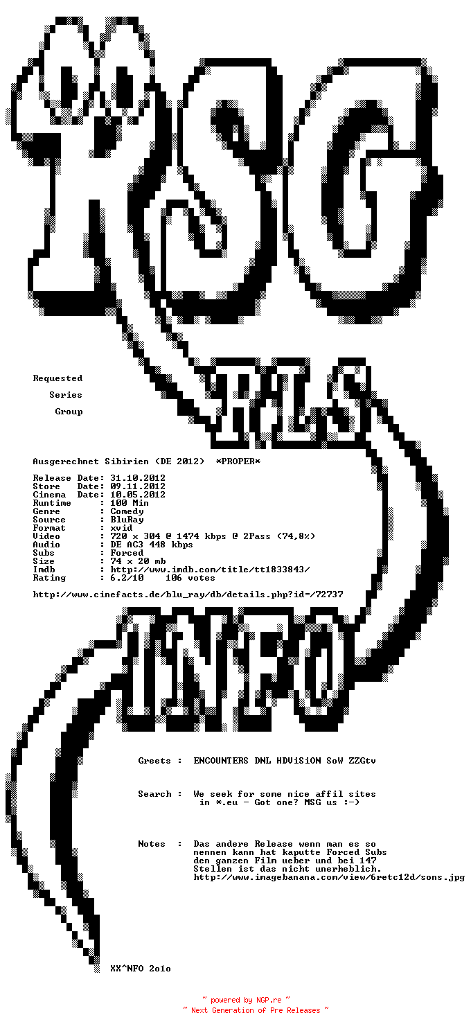 NFO for the release Ausgerechnet.Sibirien.German.AC3.PROPER.BDRip.XviD-RSG by RSG