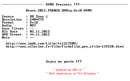 NFO for the release Brave.2012.FRENCH.BDRip.XviD-AYMO by AYMO