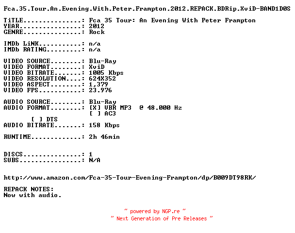 NFO for the release Fca.35.Tour.An.Evening.With.Peter.Frampton.2012.REPACK.BDRip.XviD-BAND1D0S by BAND1D0S