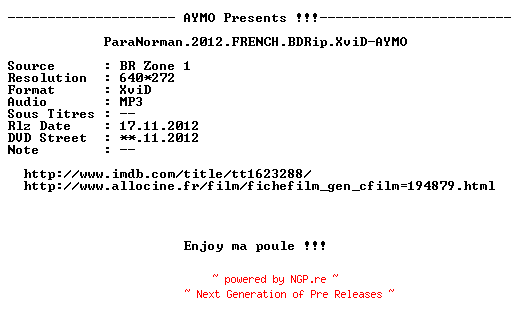 NFO for the release ParaNorman.2012.FRENCH.BDRip.XviD-AYMO by AYMO