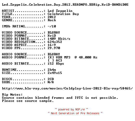 NFO for the release Led.Zeppelin.Celebration.Day.2012.READNFO.BDRip.XviD-BAND1D0S by BAND1D0S