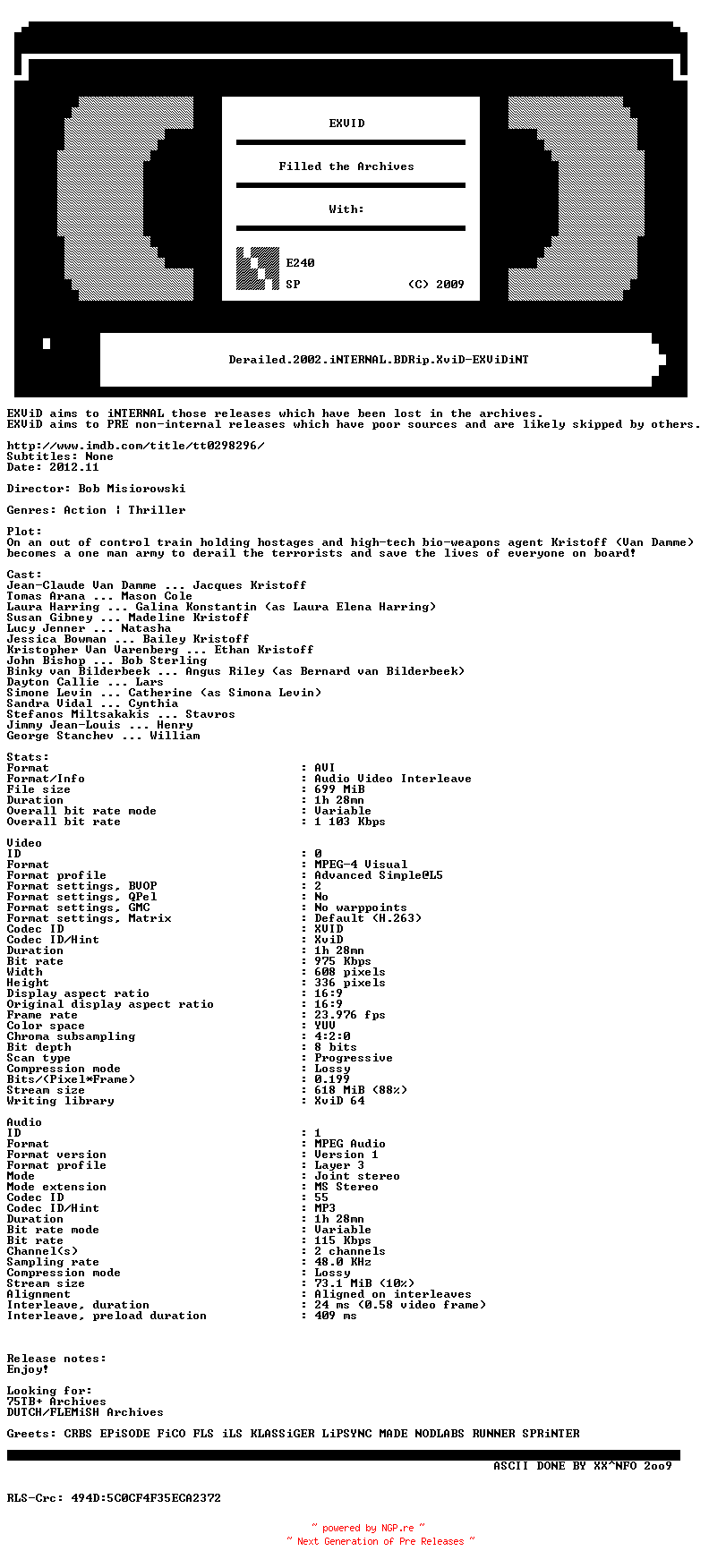 NFO for the release Derailed.2002.iNTERNAL.BDRip.XviD-EXViDiNT by EXViDiNT
