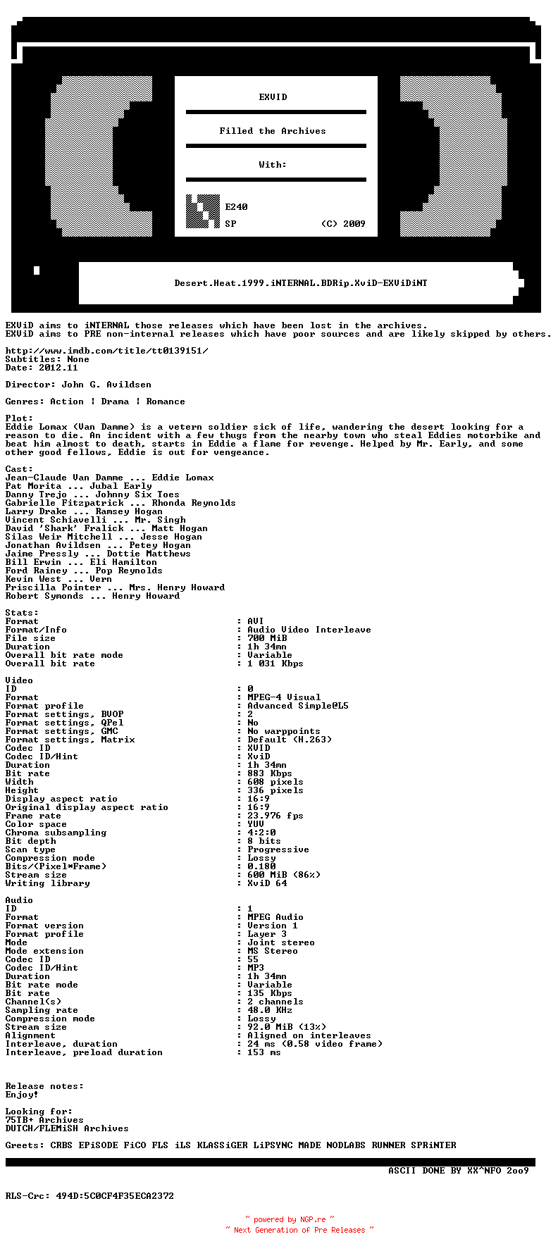 NFO for the release Desert.Heat.1999.iNTERNAL.BDRip.XviD-EXViDiNT by EXViDiNT