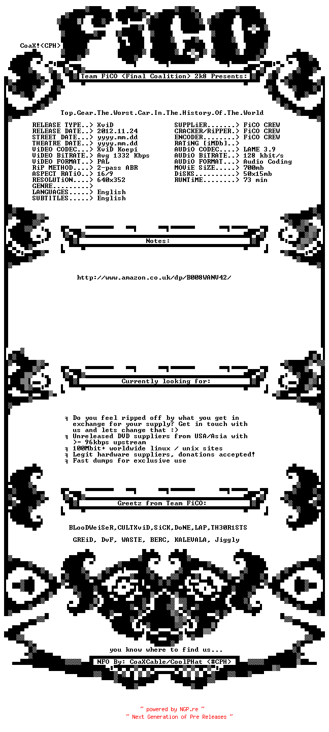 NFO for the release Top.Gear.The.Worst.Car.In.The.History.Of.The.World.2012.BDRip.XviD-FiCO by FiCO