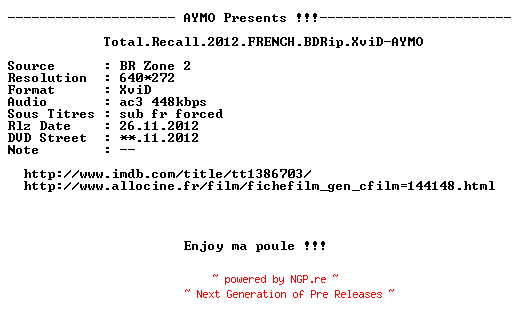 NFO for the release Total.Recall.2012.FRENCH.BDRip.XviD-AYMO by AYMO