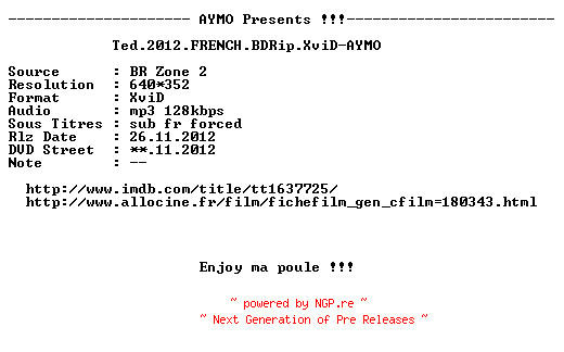 NFO for the release Ted.2012.FRENCH.BDRip.XviD-AYMO by AYMO