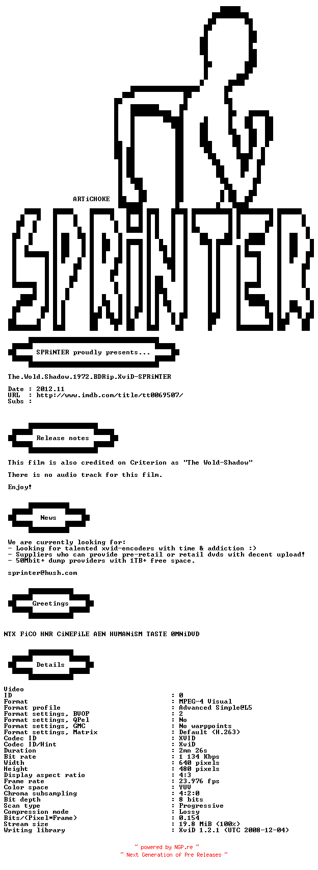 NFO for the release The.Wold.Shadow.1972.BDRip.XviD-SPRiNTER by SPRiNTER