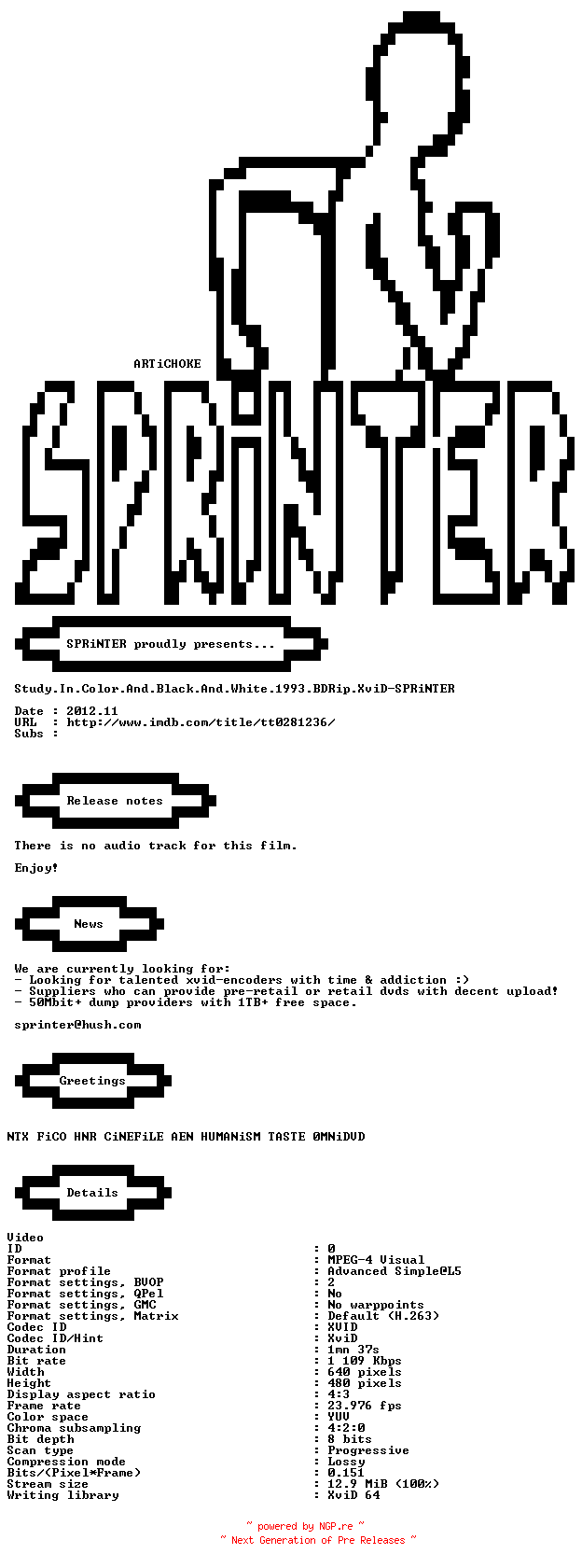 NFO for the release Study.In.Color.And.Black.And.White.1993.BDRip.XviD-SPRiNTER by SPRiNTER