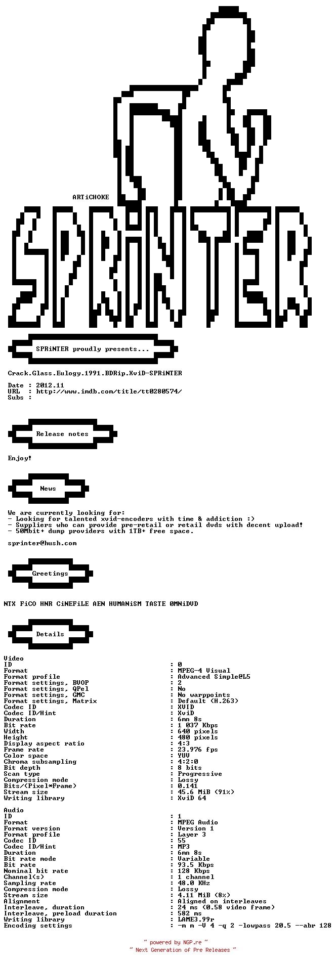 NFO for the release Crack.Glass.Eulogy.1991.BDRip.XviD-SPRiNTER by SPRiNTER