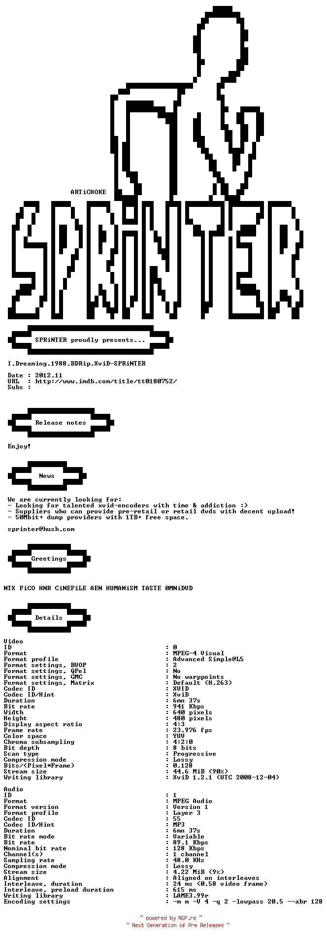 NFO for the release I.Dreaming.1988.BDRip.XviD-SPRiNTER by SPRiNTER