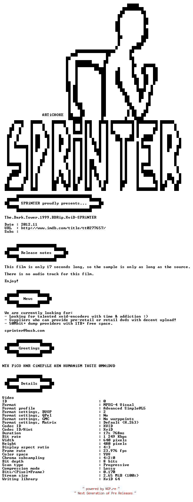 NFO for the release The.Dark.Tower.1999.BDRip.XviD-SPRiNTER by SPRiNTER