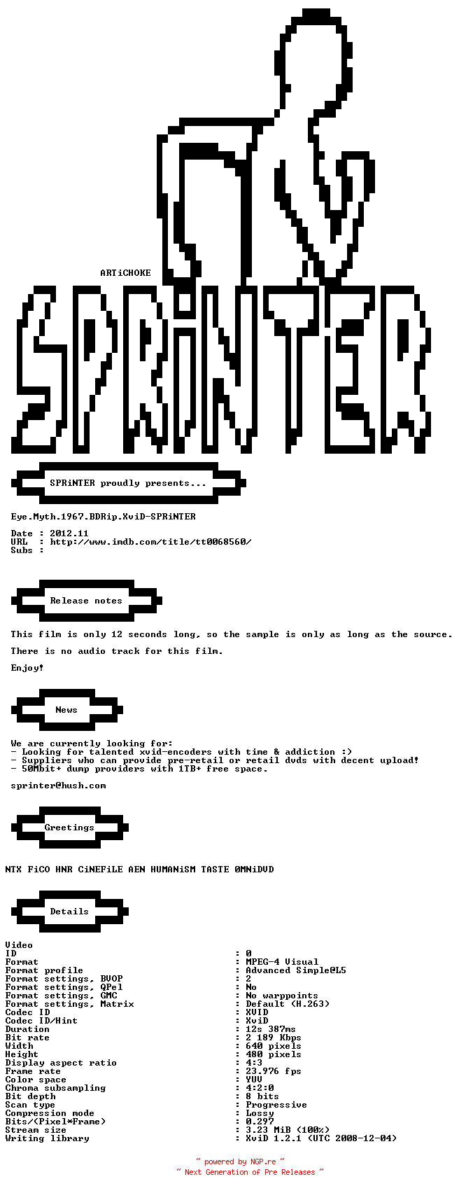 NFO for the release Eye.Myth.1967.BDRip.XviD-SPRiNTER by SPRiNTER