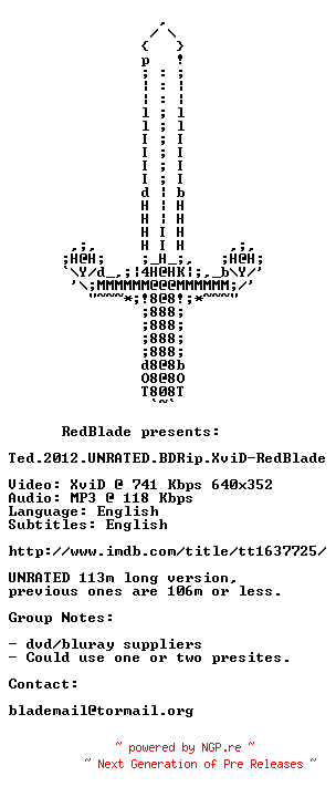 NFO for the release Ted.2012.UNRATED.BDRip.XviD-RedBlade by RedBlade