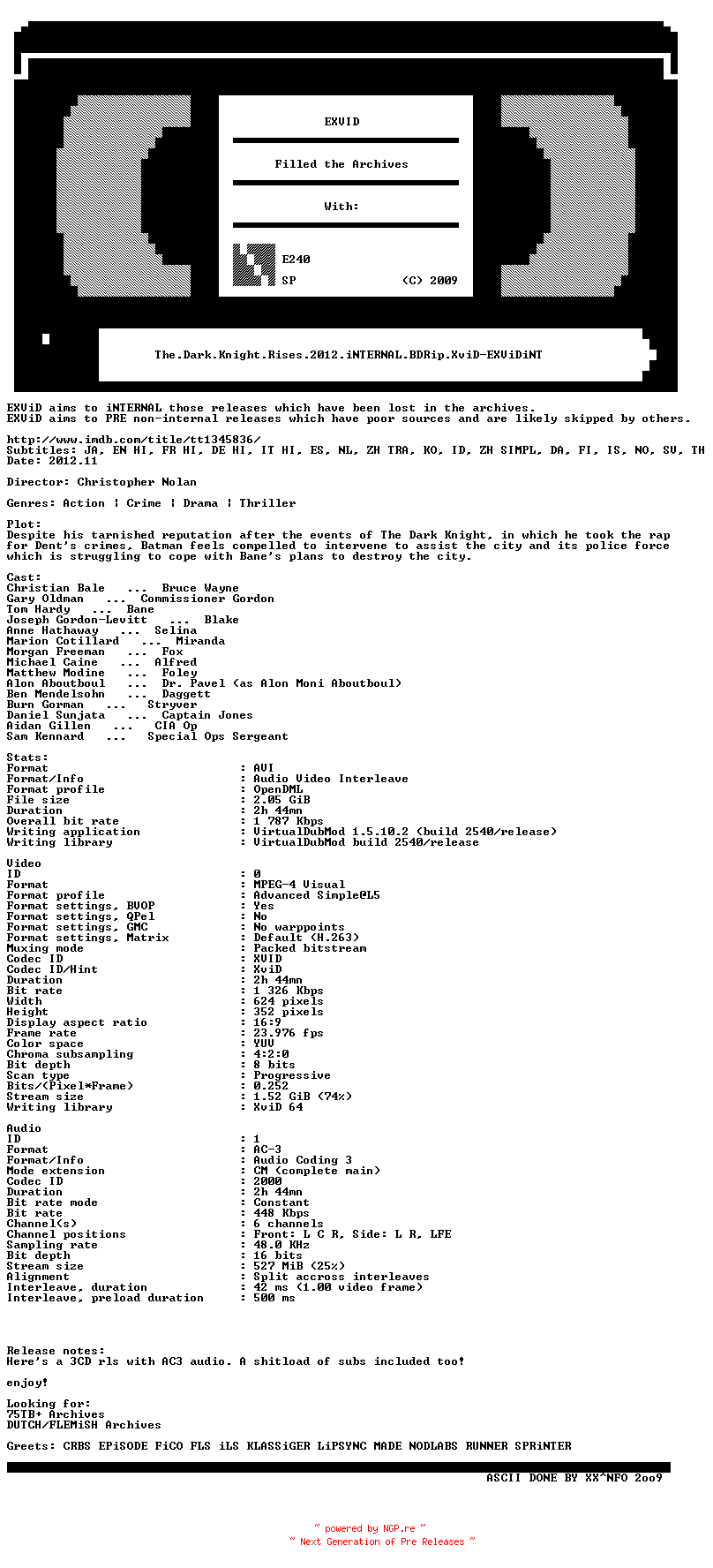 NFO for the release The.Dark.Knight.Rises.2012.iNTERNAL.BDRip.XviD-EXViDiNT by EXViDiNT