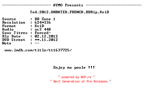 NFO for the release Ted.2012.UNRATED.FRENCH.BDRip.XviD-AYMO by AYMO