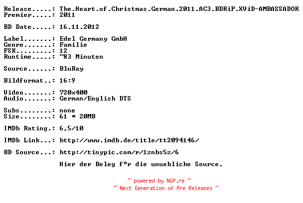 NFO for the release The.Heart.of.Christmas.German.2011.AC3.BDRiP.XViD-AMBASSADOR by AMBASSADOR