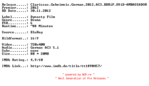 NFO for the release Clarissas.Geheimnis.German.2012.AC3.BDRiP.XViD-AMBASSADOR by AMBASSADOR