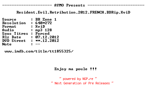 NFO for the release Resident.Evil.Retribution.2012.FRENCH.BDRip.XviD-AYMO by AYMO