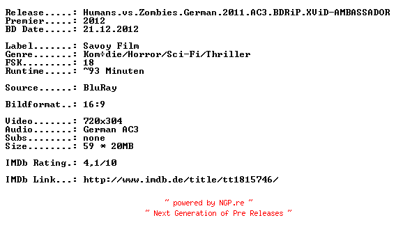NFO for the release Humans.vs.Zombies.German.2011.AC3.BDRiP.XViD-AMBASSADOR by AMBASSADOR