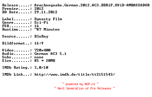 NFO for the release Arachnoquake.German.2012.AC3.BDRiP.XViD-AMBASSADOR by AMBASSADOR