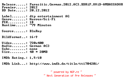 NFO for the release Parasitic.German.2012.AC3.BDRiP.XViD-AMBASSADOR by AMBASSADOR