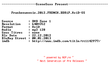 NFO for the release Frankenweenie.2012.FRENCH.BDRiP.XviD-SS by SS