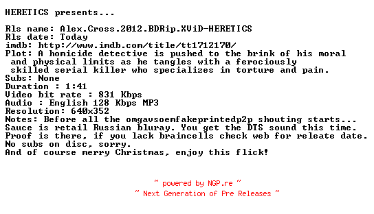 NFO for the release Alex.Cross.2012.BDRip.XViD-HERETICS by HERETICS
