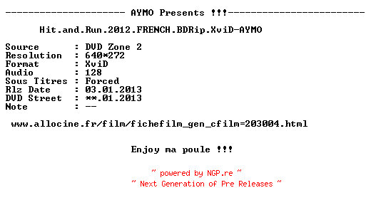 NFO for the release Hit.and.Run.2012.FRENCH.BDRip.XviD-AYMO by AYMO