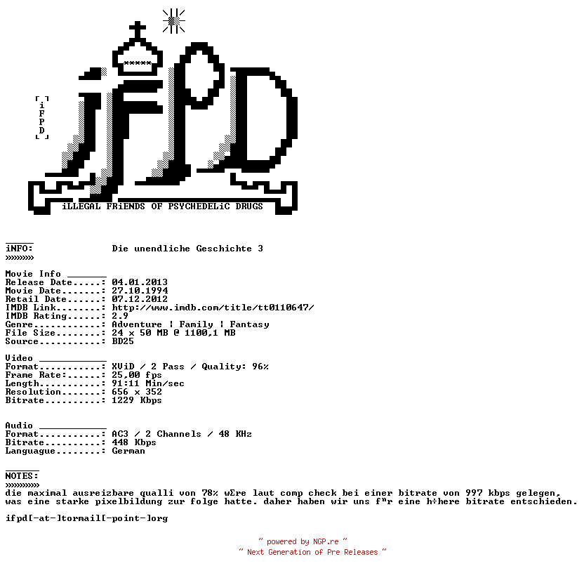 NFO for the release Die.unendliche.Geschichte.3.1994.German.AC3.BDRiP.XViD.READ.NFO-iFPD by iFPD