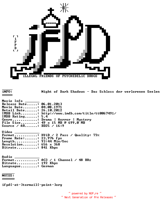 NFO for the release Night.of.Dark.Shadows.1971.German.AC3.BDRiP.XViD-iFPD by iFPD