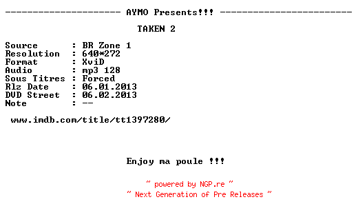 NFO for the release Taken.2.2012.FRENCH.BDRip.XviD-AYMO by AYMO