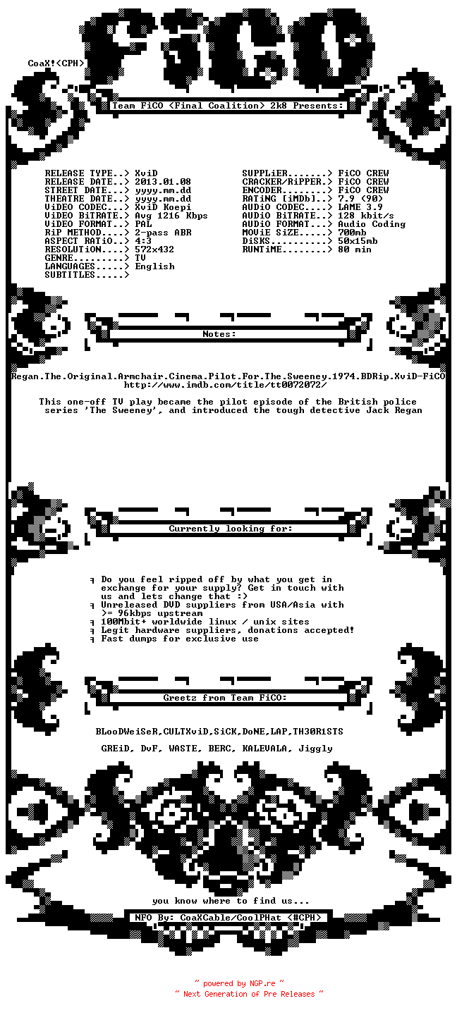 NFO for the release Regan.The.Original.Armchair.Cinema.Pilot.For.The.Sweeney.1974.BDRip.XviD-FiCO by FiCO
