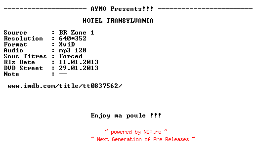 NFO for the release Hotel.Transylvania.2012.FRENCH.BDRip.XviD-AYMO by AYMO