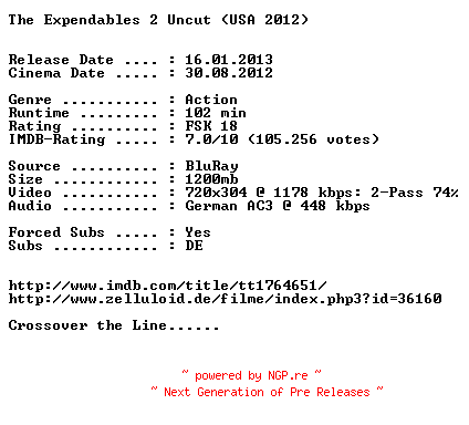 NFO for the release The.Expendables.2.Uncut.German.AC3.BDRip.XviD-CROSSOVER by CROSSOVER