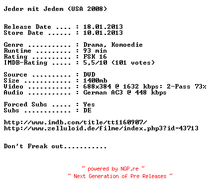 NFO for the release Jeder.mit.Jedem.German.2008.AC3.BDRip.XviD-NOPiTY by NOPiTY