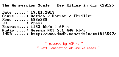 NFO for the release The.Aggression.Scale.Der.Killer.in.dir.Uncut.German.2012.AC3.BDRip.XviD-DESPiTE by DESPiTE
