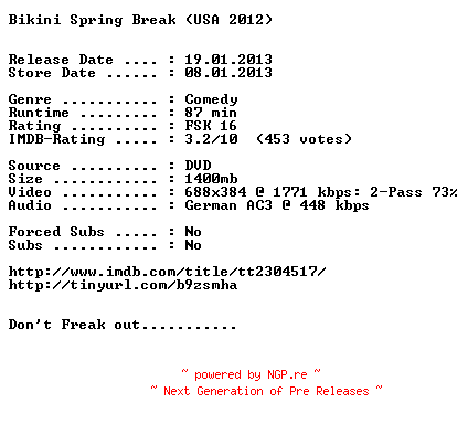 NFO for the release Bikini.Spring.Break.German.2012.AC3.BDRip.XviD-NOPiTY by NOPiTY