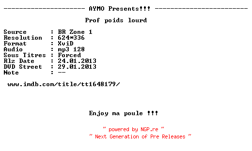 NFO for the release Here.Comes.The.Boom.2012.FRENCH.BDRip.XviD-AYMO by AYMO