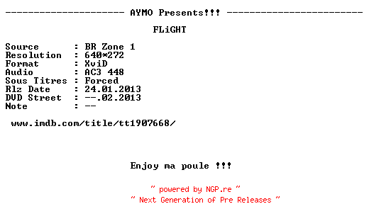 NFO for the release Flight.2012.FRENCH.BDRip.XviD-AYMO by AYMO