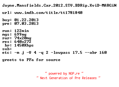 NFO for the release Jayne.Mansfields.Car.2012.STV.BDRip.XviD-MARGiN by MARGiN