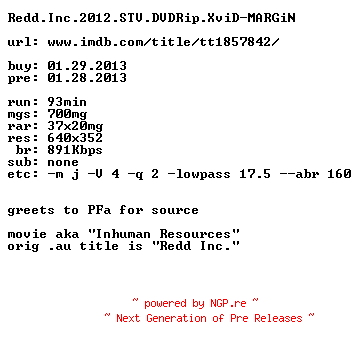 NFO for the release Redd.Inc.2012.STV.BDRip.XviD-MARGiN by MARGiN