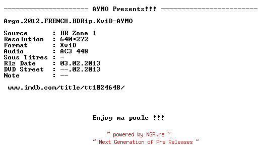 NFO for the release Argo.2012.FRENCH.BDRip.XviD-AYMO by AYMO