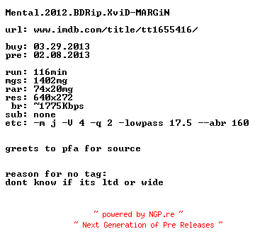 NFO for the release Mental.2012.BDRip.XviD-MARGiN by MARGiN
