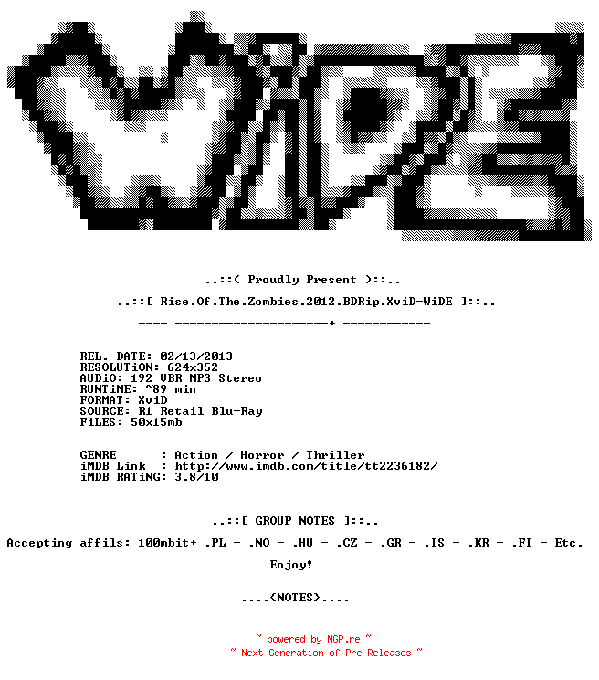 NFO for the release Rise.Of.The.Zombies.2012.BDRip.XviD-WiDE by WiDE