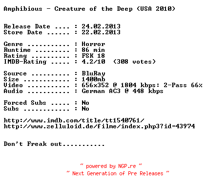 NFO for the release Amphibious.Creature.of.the.Deep.German.2010.AC3.BDRip.XviD-NOPiTY by NOPiTY