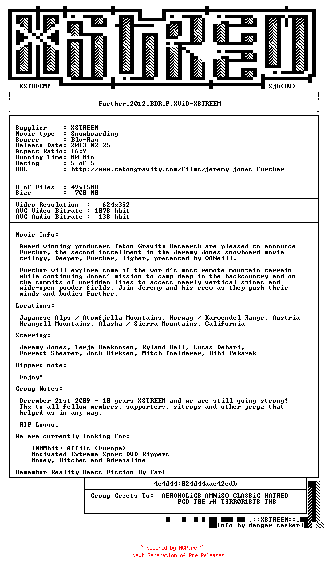 NFO for the release Further.2012.BDRiP.XViD-XSTREEM by XSTREEM