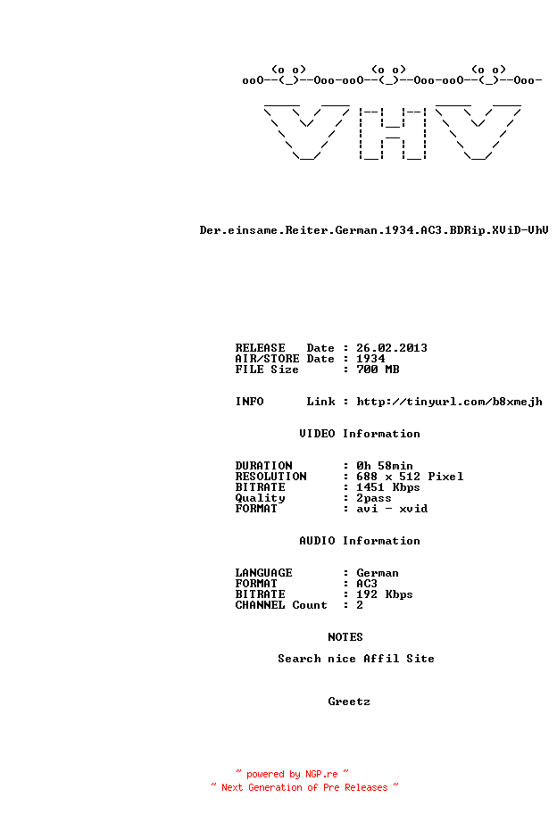 NFO for the release Der.einsame.Reiter.German.1934.AC3.BDRip.XViD-VhV by VhV