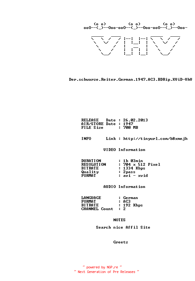 NFO for the release Der.schwarze.Reiter.German.1947.AC3.BDRip.XViD-VhV by VhV